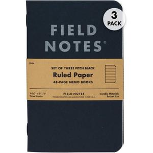 Field Notes 3-Pack Pitch Black Memo Books (3.5" X 5.5"), Ruled, 48 Pages | Thin Pocket Sized EDC Notebook With 90 GSM Paper & Paperback Cover | Work Notebooks For Note Taking | Made in the USA