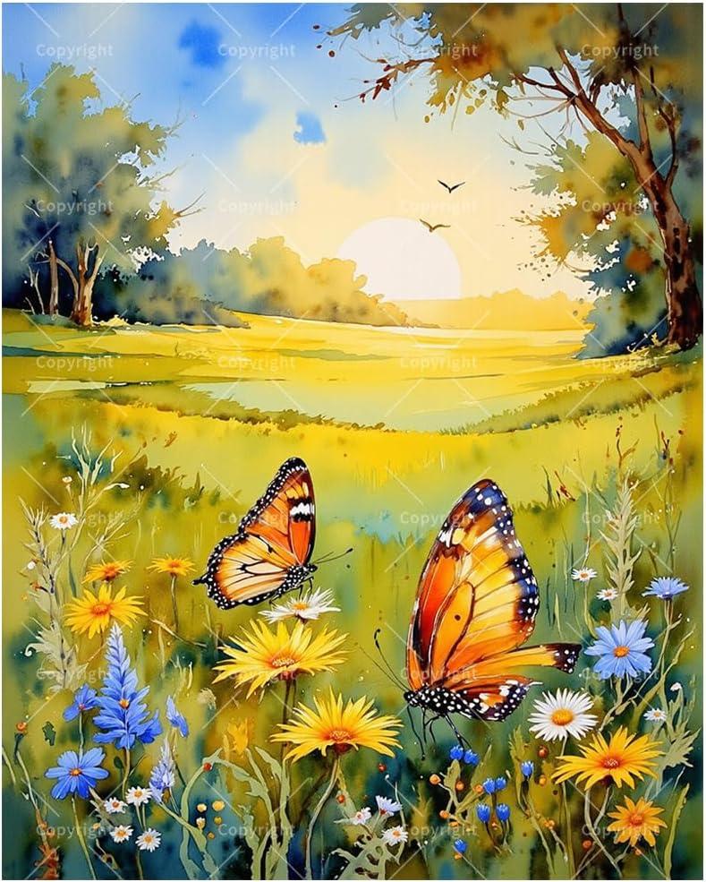 Butterfly Garden Paint by Numbers Kit for Adults - DIY Monarchs and Wildflowers in Field Painting on Canvas 16x20 Inches, Acrylic Paint Set, Suitable for Beginners, Art for Home Decoration or Gifts