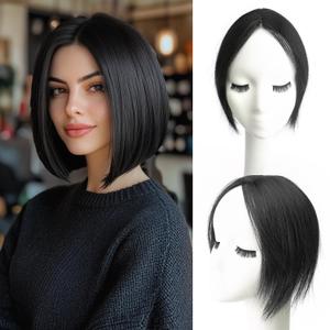 10" Clip in Bangs Hand-tied Base, 360 Clip In Hair Topper No Bangs Upgrade Handmade Hair Extensions (Natural Black)