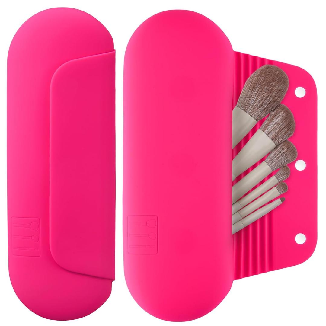 AGIKET Silicone Makeup Brush Holder Travel Cosmetic BagSoft Portable Cosmetic Face Brushes Holder with Upgrade Anti-Fall Out Magnetic Closure, Large Travel Makeup Brush Case - Babbie Pink