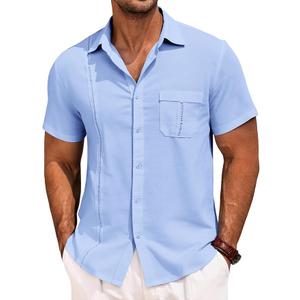 Runcati Mens Cuban Guayabera Shirts Button Down Short Sleeve Shirt Casual Mexican Summer Beach Wedding Tops with Pocket Sky Blue M