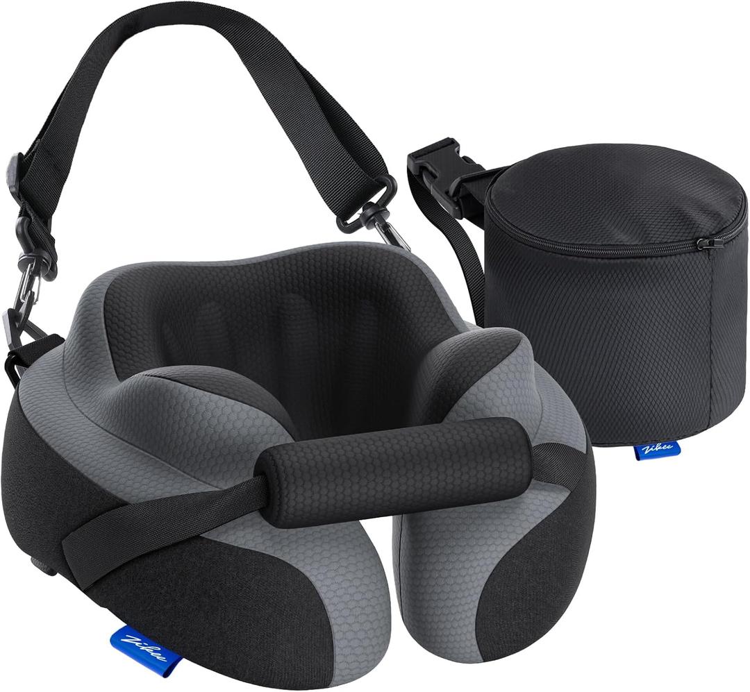 ZIKEE Ergonomic Travel Neck Pillow for Airplane, Dual-Hold Design to Stabilize Head and Neck on Flights, Ear-Free Memory Foam Airplane Travel Pillow, Quality Carrying Case, Breathable & Washable Cover