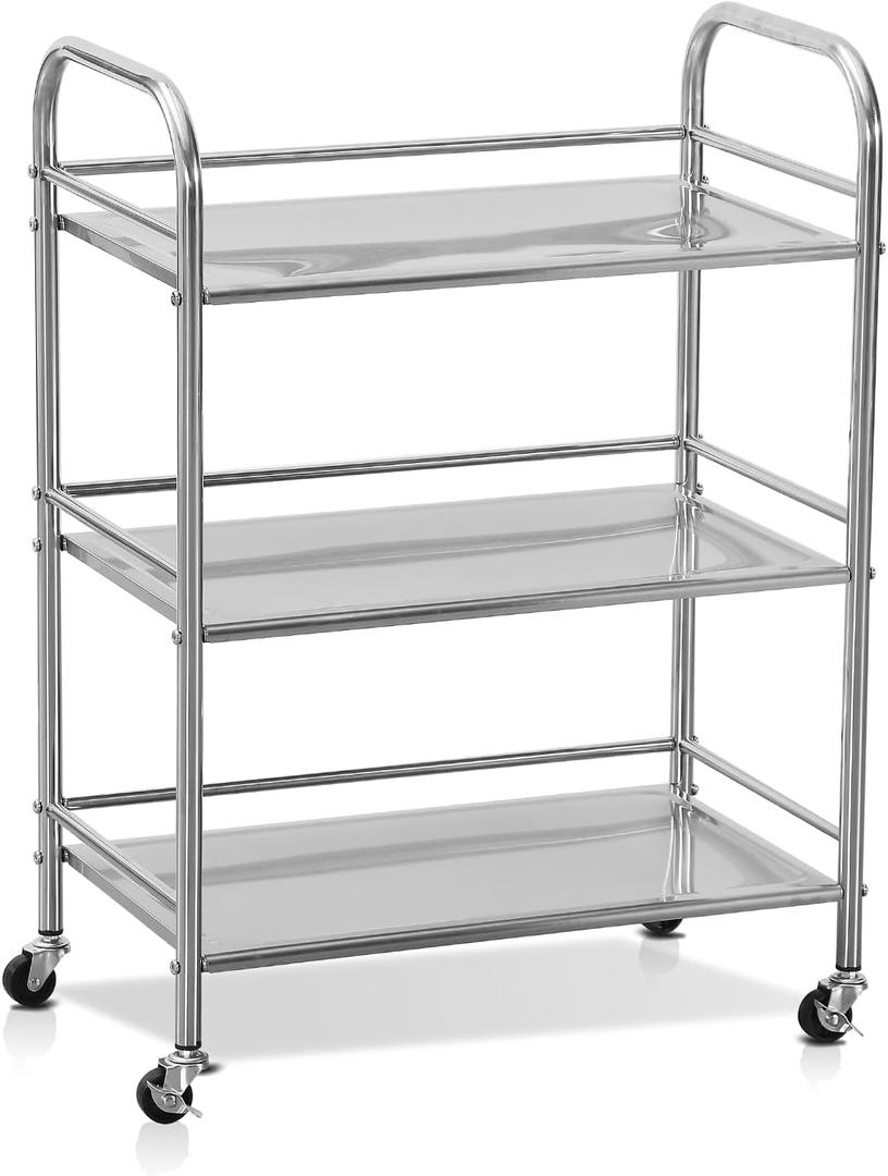 Stainless Steel Utility Cart - 3-Tire Metal Rolling Small Service Cart on Wheels for Salon Labs Clinic - Flat Top Kitchen Storage Organizer Shelf Trolley for Livingroom Office