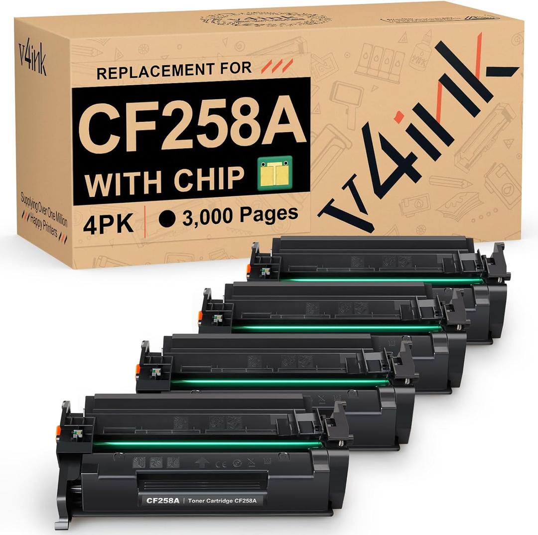 v4ink 58A CF258A Black Toner Cartridge (with Chip) Compatible Replacement for HP CF258A 58A 58X Toner Cartridge for HP Pro M404dn M404n M404dw MFP M428fdw M428fdn M428dw M406dn M430f Printer, 4 Pack