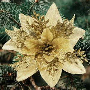 Cliselda 30Pcs Gold Poinsettias Artificial Christmas Flowers with Clips, 5.5" Glitter Flower Decorations for Tree, Wreath, Garland, Xmas Holiday Decor