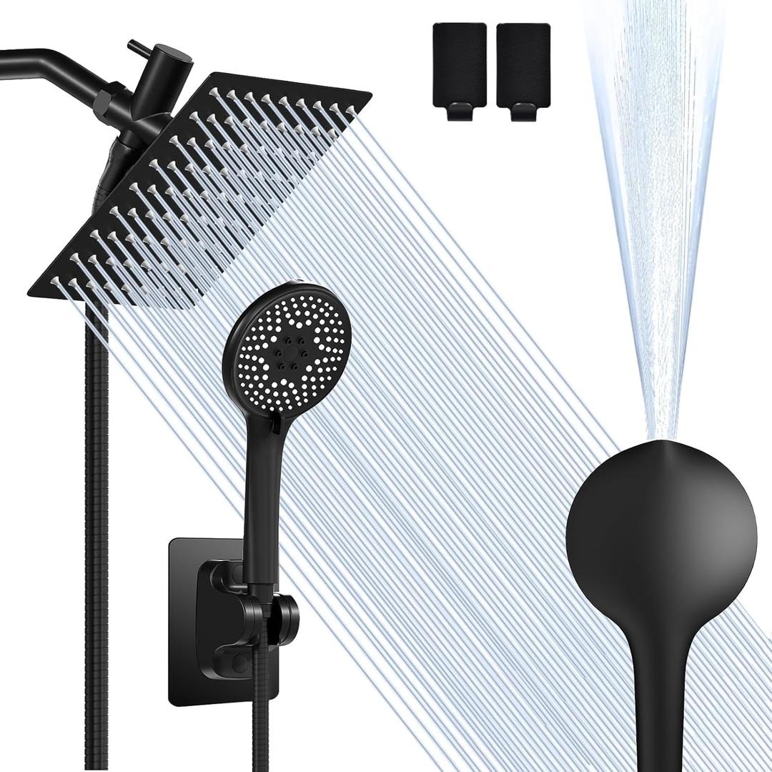 Airlex Shower Head Rain Shower Head with Handheld Spary, High Pressure Rainfall Showerhead and 4 Modes Handheld Shower Heads Built-in Power Wash with 71 Inch Stainless Steel Hose, 8'' Matte Black