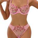 Lilosy Sexy Floral Embroidered Flower Mesh Underwire Push Up Lingerie Set (Pink)
