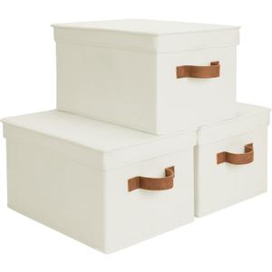 StorageWorks Storage Basket with Lid, Decorative Storage Boxes with PU Handles, Stackable Fabric Storage Bins for Closet, Shelves, Ivory, Large, 3-Pack