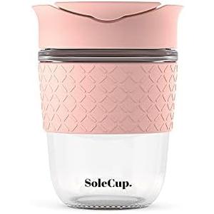 SoleCup. - Reusable Strengthened Glass Travel Cup - Spill Proof Coffee Mug - 12oz/340ml BPA-Free Hot Drink Travel Mug with Lid & Silicone Band (Pink, 12oz)