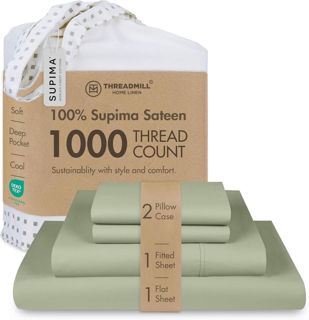 Threadmill Luxury Supima Cotton Sheets, Luxury 1000 Thread Count Soft 100% Cotton Sheets for Queen Size Bed, 4 Pc Sage Green Bed Sheets Queen Set, 5-Star Hotel Quality Deep Pocket Bed Sheets Set