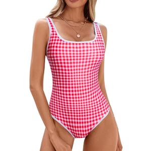 BMJL Women's One Piece Swimsuit Sports Adjustable Strap Bathing Suit Color Block Ribbed High Cut Swimsuits (X-Large, Red Plaid029)