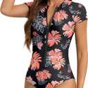 American Trends Womens Short Sleeve One Piece Swimsuits 2025 Modest Rash Guard, Zip Up High Neck Full Coverage Bathing Suits (Large, Pink Floral)