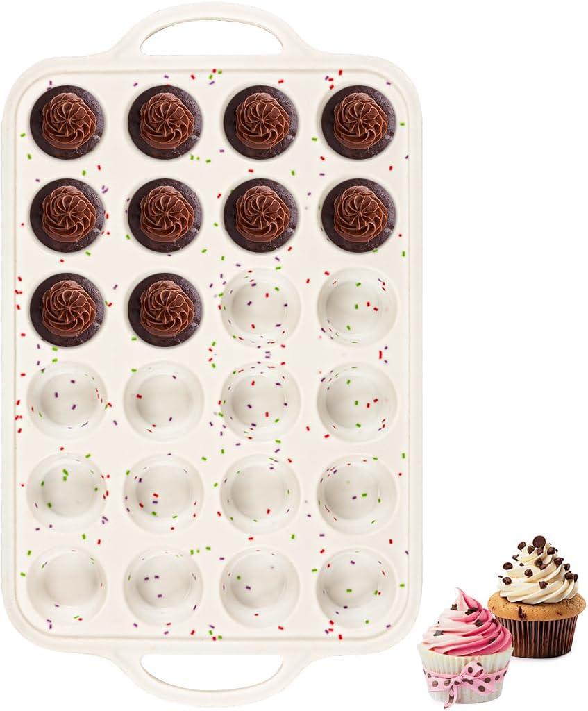 Silicone Mini Muffin Pan With Metal Reinforced Frame - 24 Cups Durable Silicone Cupcake Pan for Muffin, Cupcakes, BPA Free and Dishwasher Safe - 1 Piece Beige with Rainbow Spots
