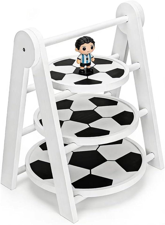 3 Tier Soccer Football Serving Tray Stand, White Wooden Round Tiered Food Platter, Reusable Dessert Cupcake Snack Display Holder for Birthday, Game Day, Tailgate, Kids Party Buffet Table Decor