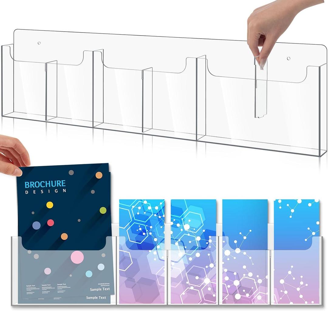 Sherr Acrylic Brochure Holder Wall Mount with Removable Adjustable Dividers, 6/ 3 Pockets Large Capacity Literature Display Stand for 4''x 9'',8.5''x11'' Pamphlets, 26.7''x7'' for Office Hotel Lobby