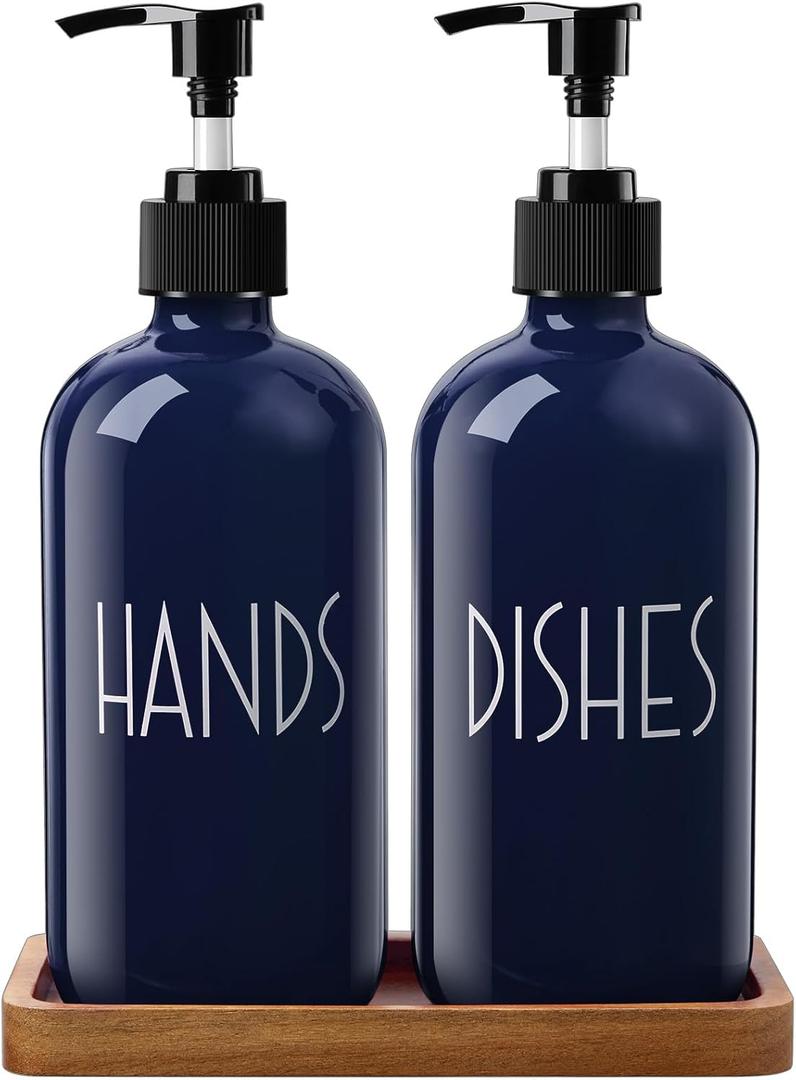Navy Blue Dish Soap Dispenser for Kitchen - 16 OZ Hand Soap Dispenser Set with Acacia Wood Tray - Blue Kitchen Bathroom Home Decor and Accessories
