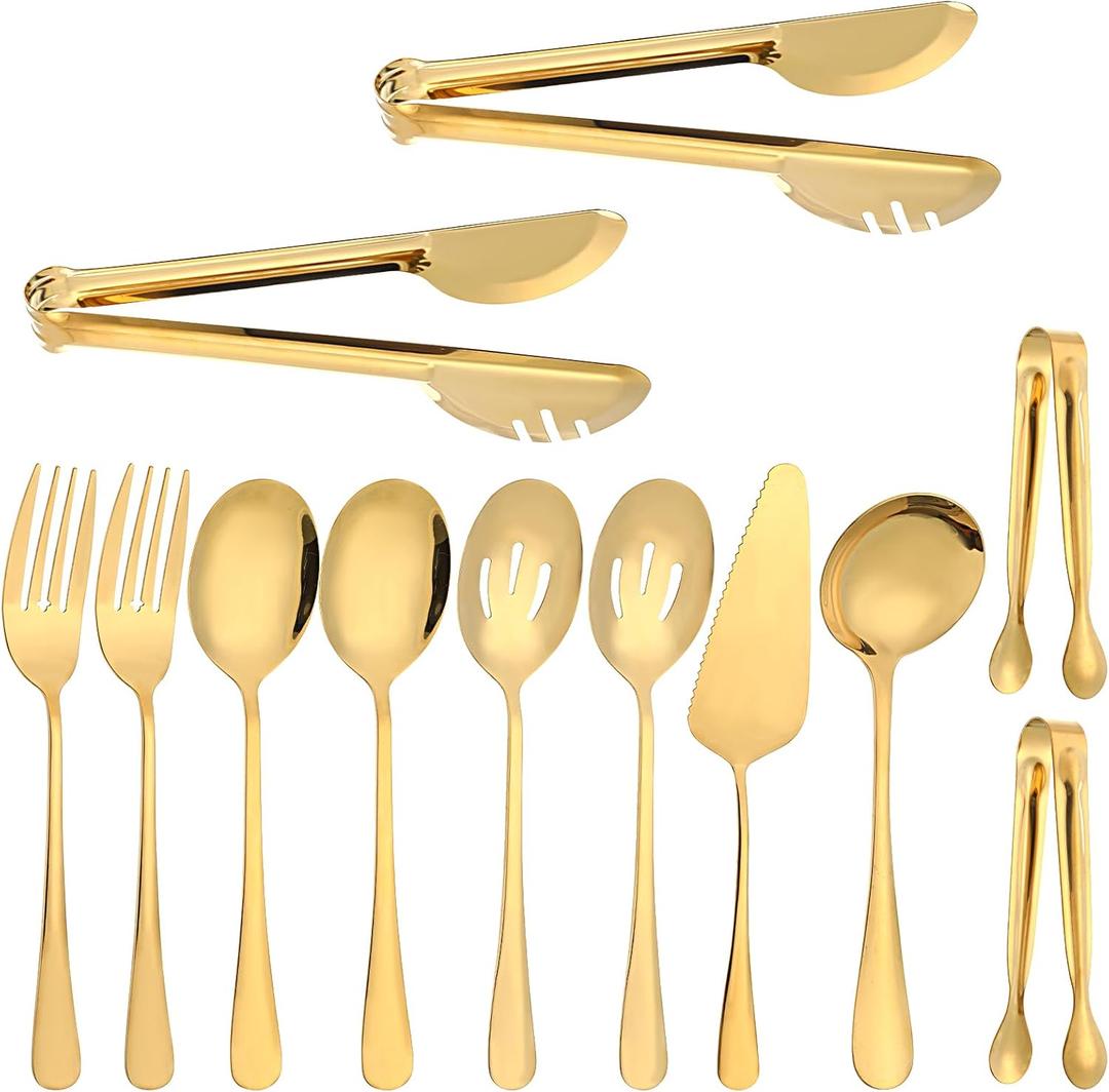 12Pcs Gold Serving Utensils Set, Stainless Steel Serving Utensils Set includes Serving Spoon, Serving Solted Spoons, Fork, Sugar Tongs, Food Tongs, Cake Spatula, Soup Spoon for Parties, Buffet