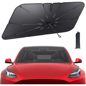 Tesla Model 3/Y Windshield Sunshade - 2025 Upgrade Foldable Sunshade Umbrella, 5-Layer UV Block, 10-Rib Frame, Fits Tesla Model 3/Y (2017-2025) Interior Sun Protection, Tesla Accessories