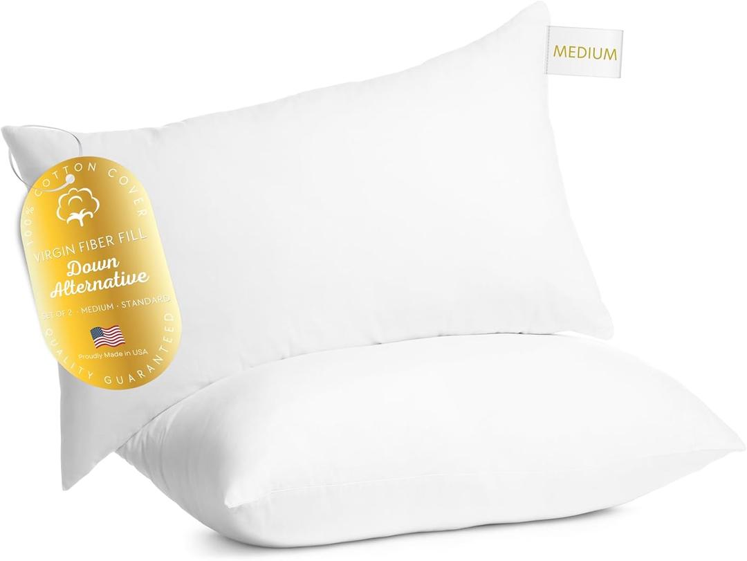 Digital Decor 100% Cotton Luxury Hotel Pillows Standard Size Set of 2, Cooling Hypoallergenic Down Alternative Bed Pillows for Sleeping, Medium Support for Side & Back Sleepers, Made in USA, 26" x 20"
