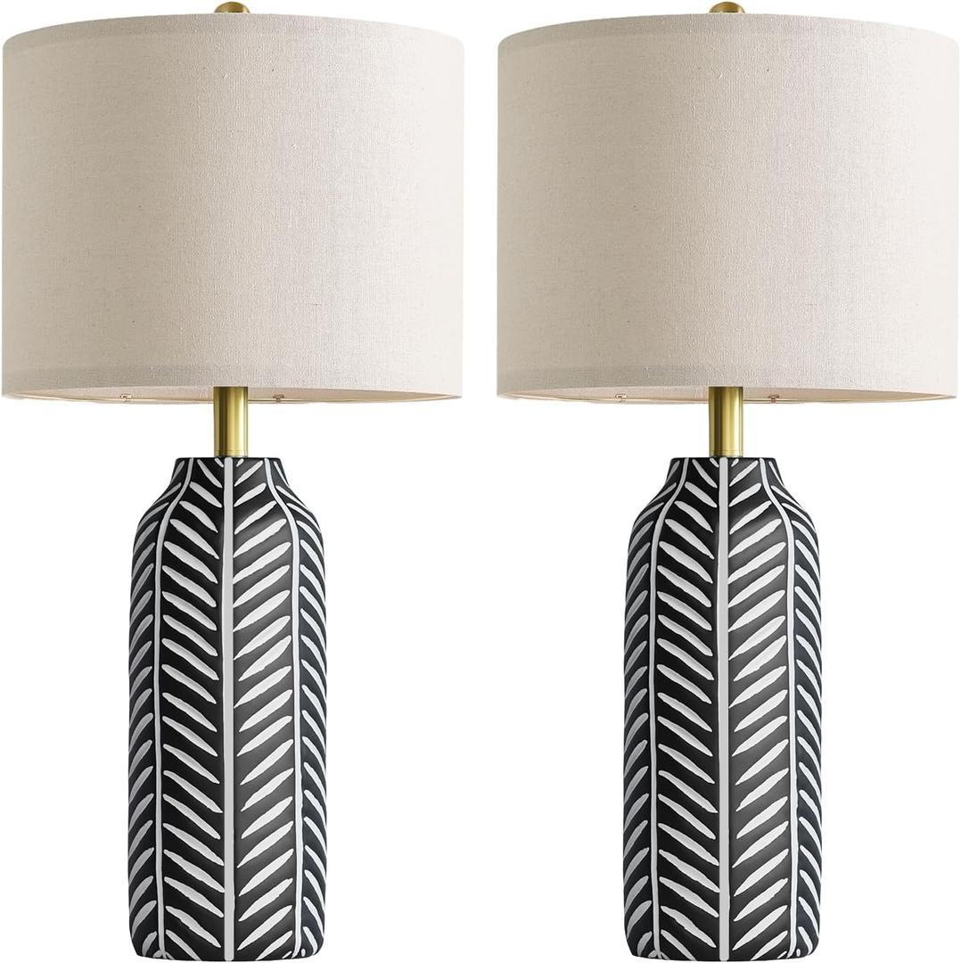 BOBOMOMO 26" Farmhouse Black Table Lamps Set of 2 Rustic Resin Lamps with Vintage Leaf Pattern and Linen Shades, Black Bedside Lamps for Bedroom, Living Room, Office, Entryway, Console Table