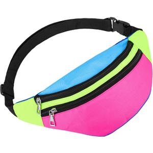 80s 90s Neon Fanny Pack for Women Adjustable Retro Two Pockets Waist Bags Lightweight Belt Waterproof Traveling Running Bags for Women Men Travel Festival Theme Party
