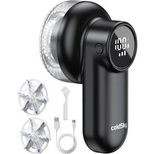 coldSky Rechargeable Fabric Shaver, Lint Shaver with Digital Display, Sweater Shaver with 6-Leaf Blades and Safety Lock, 3-Speeds Defuzzer Remove Fuzz, Pills from Clothes, Furniture, Sofa, Blanket (Black)