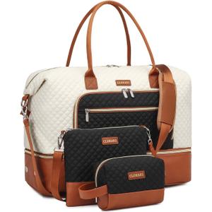 Weekender Bags for Women, Travel Duffle Bag Carry On Overnight Bag with Cosmetics Bag and Crossbody Purse for Gym Hospital, Gifts for Women, Beige/Black/Brown
