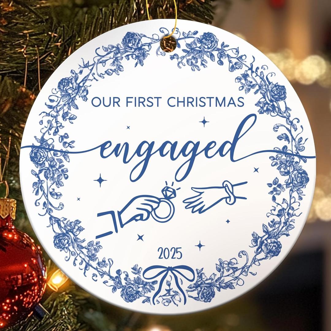 3 x First Christmas Engagement Ornament Gifts for Couples, Blue 2025 Engaged Ornaments for Christmas Tree, Ceramic
