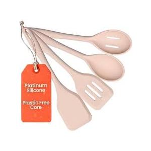 NonToxic Platinum Silicone Kitchen Utensil Set of 4 – NonScratch Cooking Spoon & Spatula, 100% Plastic Free, Stainless Steel Core, Heat Resistant 500°F, Beige