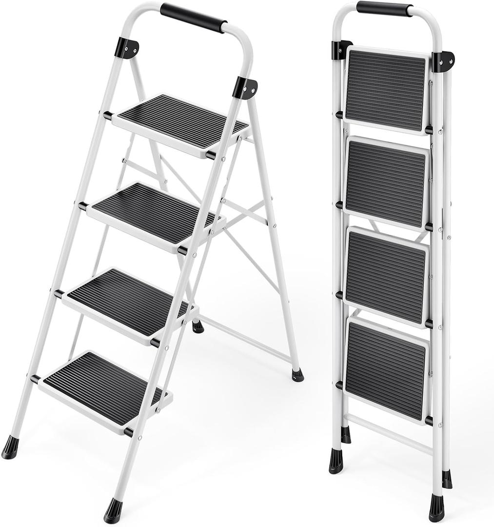KINGRACK Step Ladder 4 Step Folding Step Stool for Adults with Handrails Heavy Duty Steel Sturdy Lightweight Collapsible Portable Step Ladder with Anti-Slip Wide Pedal,White