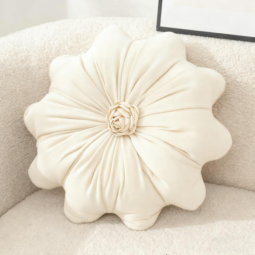 Flower Pillow Cushion Round Decorative Throw Pillow 15.7 Velvet Flower Shaped Pillow for Sofa Couch Vanity Chair Bed (White)