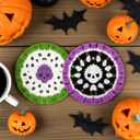 2PCS Halloween Coasters with Holder for Gothic Decor, Handmade Woven Crochet Skull Coasters for Drinks Cup, Unique Coaster for Horror Halloween Party Kitchen Office Coffee Table Decor (Purple&Green)