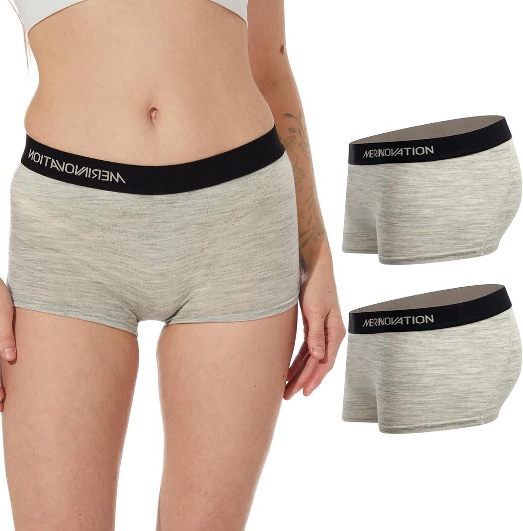 MERINNOVATION 100% Merino Wool Boxer Briefs for Women - 2 Packs Everyday Breathable Anti-Odor Womens Boyshorts Underwear (Medium, Grey Marl)