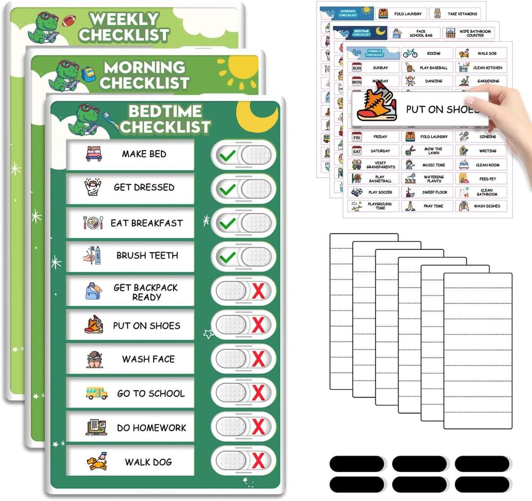 3 in 1 Upgraded Slider Bedtime/Morning/Weekly Routine Chart for Kids, Magnetic Chore Chart for Kids with Cute Chore Stickers, Cute Visual Schedule for Kid