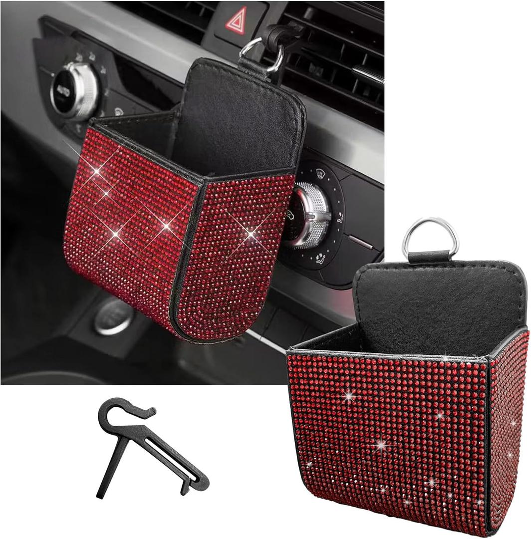 Car Vent Storage Organizer, Rhinestones Leather Air Vent Pocket, Bling Automotive Vent Pouch Box with Hook, Multipurpose Dashboard Air Vent Cell Phone Holder for Girl Women Red