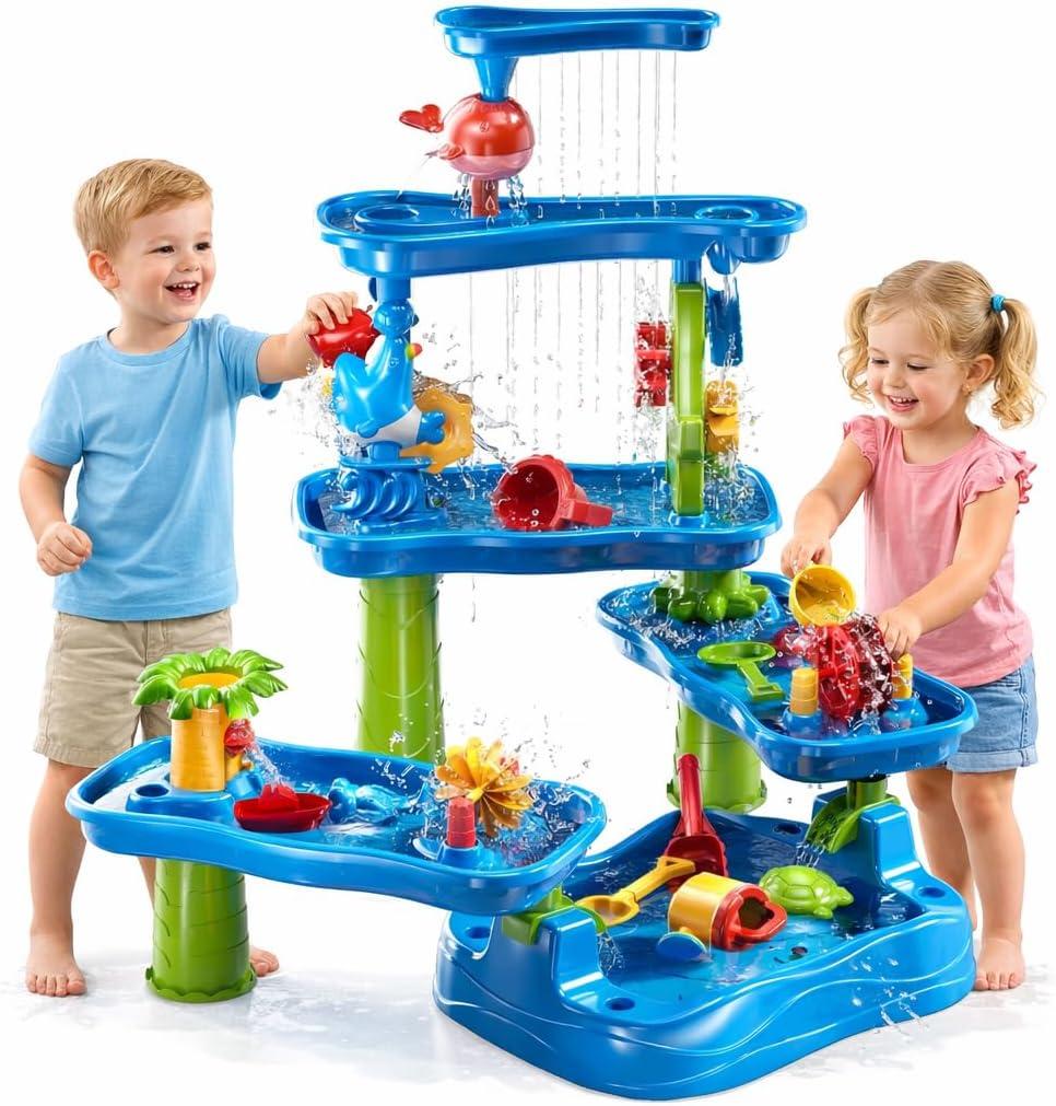 5-Tier Water Table Toys for Toddlers Kids 1-3 4-8, Sand Water Table with Rain Showers Pond, Kids Beach Summer Outdoor Toys Sand and Water Sensory Table, Gifts for Kids Boys Girls Ages 2 3 4 5 6 7 8+