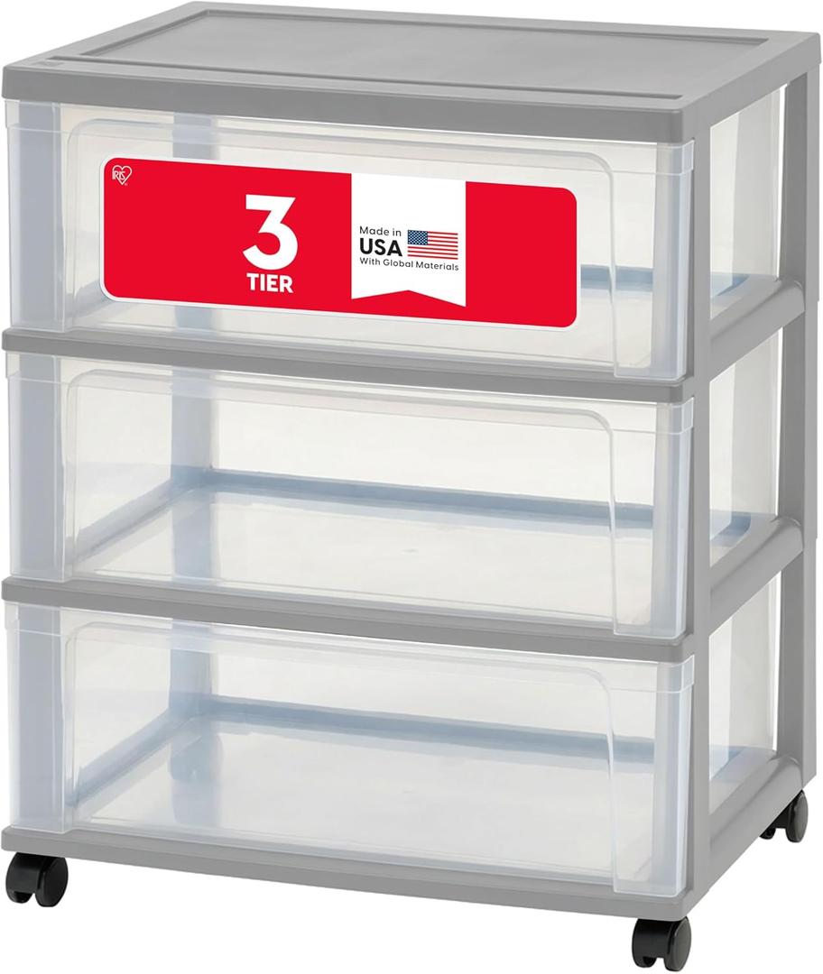 IRIS USA Plastic Drawer Storage Organizer Rolling Cart, with Wheels Casters, 3-Drawers, for Art Craft Supplies Bathroom Dorm Bedroom Laundry Room, Wide, Gray