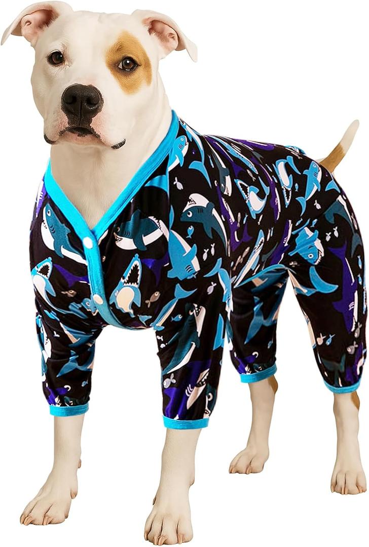 LovinPet Dog Pajamas, Pet Anxiety Relief, Anti-Shedding Dog Pajamas, Lightweight Stretchy Fabric, Whale Hello There White Print, Pitbull Onesie, Pitbull Clothes All Season, 2XL (XX-Large, Blue)