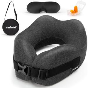 Neck Pillow Airplane Travel Set - Pure Memory Foam Travel Neck Pillow, Plane Pillow for Long Flights Essentials, Sleeping with 3D Contoured Eye Mask, Earplugs, Portable Bag (Darkgray-M) (Darkgrey)
