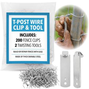 [202 Pieces] T Post Fence Clips & Wire Twister Tool for Building or Repairing Fences  200 Post Fasteners & 2 Extra Thick Clip Bender Tools