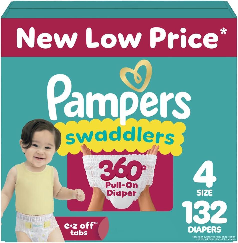 Pampers Diapers - Swaddlers 360 - Size 4, 132 Count, up to 100% Leakproof Comfy Dry Fit, Designed for Easy Changes, Pull On Baby Diaper 