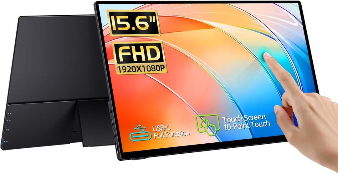 15.6'' Portable Monitor Touchscreen, FHD IPS Touch Screen with Tempered Glass, Travel Monitor with Kickstand & Speaker, HDMI USB C External Monitors for Mac Laptop Phone Computer