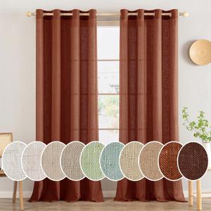 MIULEE Terracotta Linen Curtains 96 Inches Long 2 Panels for Bedroom Living Room, Soft Thick Linen Textured Window Drapes Burnt Orange Rust Fall Boho Decor Semi Sheer Light Filtering Grommet Curtains