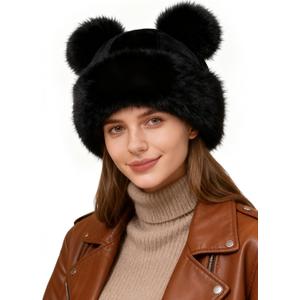 Women's Winter Faux Fur Hat - Warm Furry Beanie with Pom Pom Fisherman Cap Casual Trendy Mongolian Hat Skiing Cap (Black)