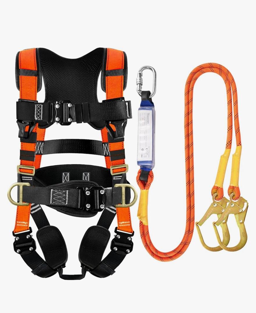 TRSMIMA Safety Harness Fall Protection - Roofing Harness Kit Men Full Body Construction Harness with Lanyard for Work Upgrade 4 Quick Buckles Orange