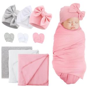 BQUBO Newborn Receiving Blankets Cotton Warm Sleepsack with Mittens & Bow Hats Hospital Baby Swaddling Shower Gift