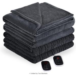 Bearhug Electric BlanketKing Size Heated Blanket 100"x 90" Warming Blanket Dual Controllers Velvet & Sherpa, 10 Levels & 0.5-12H Auto Off, Over-Heat Protect, ETL, Machine Washable, Gray