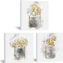 HOMEOART Gold Grey Flower Bathroom Decor Picture Perfume Bottle with Flower Fashion Canvas Wall Art Framed Ready to Hang 12x12inchx3Pieces