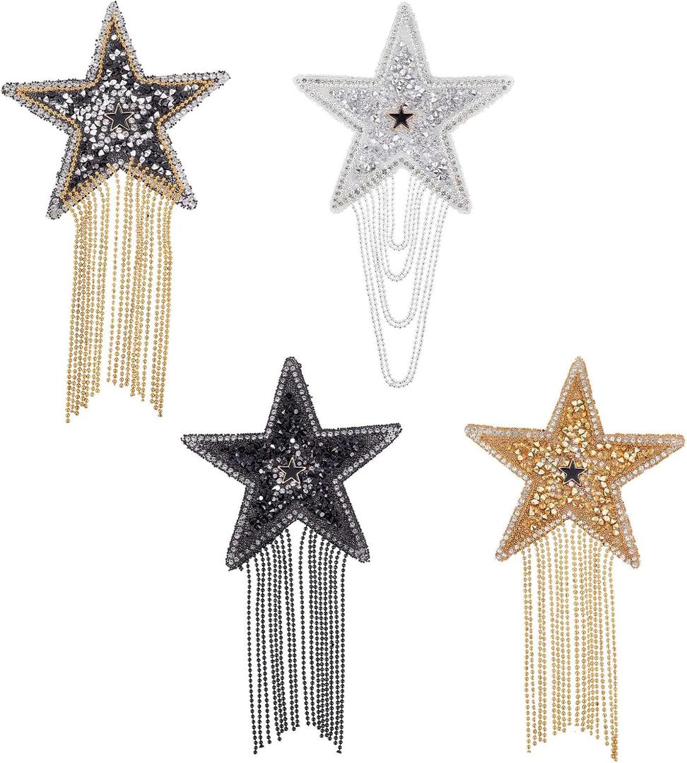 FINGERINSPIRE 4 Colors Rhinestone Star Patche Iron on Patches with Chains Tassel Sparkling Clothes Repair Patches Fashion Appliques Badge for Clothing Dress Hat Bag Jacket Shoes Garment DIY Decoration