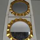 Set of 2 Small Round Wall Mirror with Bronze Leaf Sun Design - Handmade Wood Hanging Mirror Decor